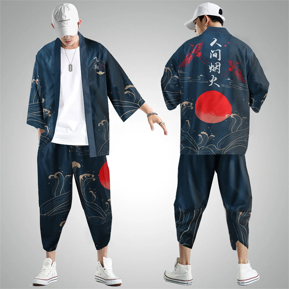 Japanese Summer Clothing Men - Cárdigan japonés Kanagawa Wave Dragon Crane