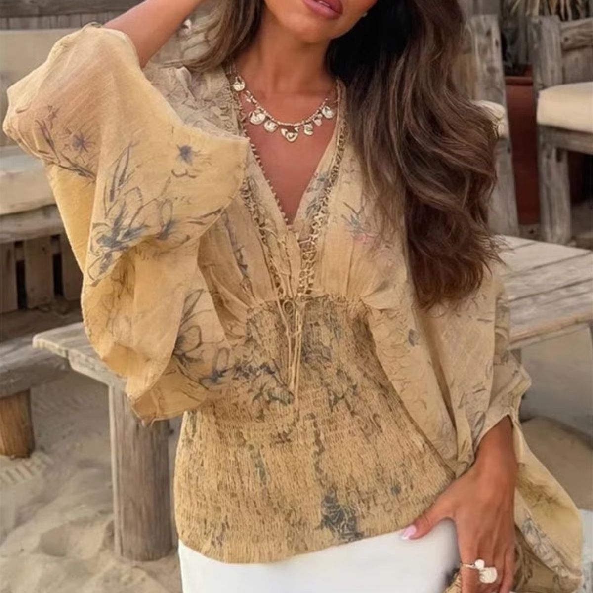 Camisa Vintage con Cuello en V - Summer Clothing Resort reseña y precio